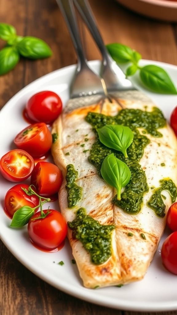 Branzino fillet with pesto and roasted cherry tomatoes on a white plate with basil garnish on a rustic background.